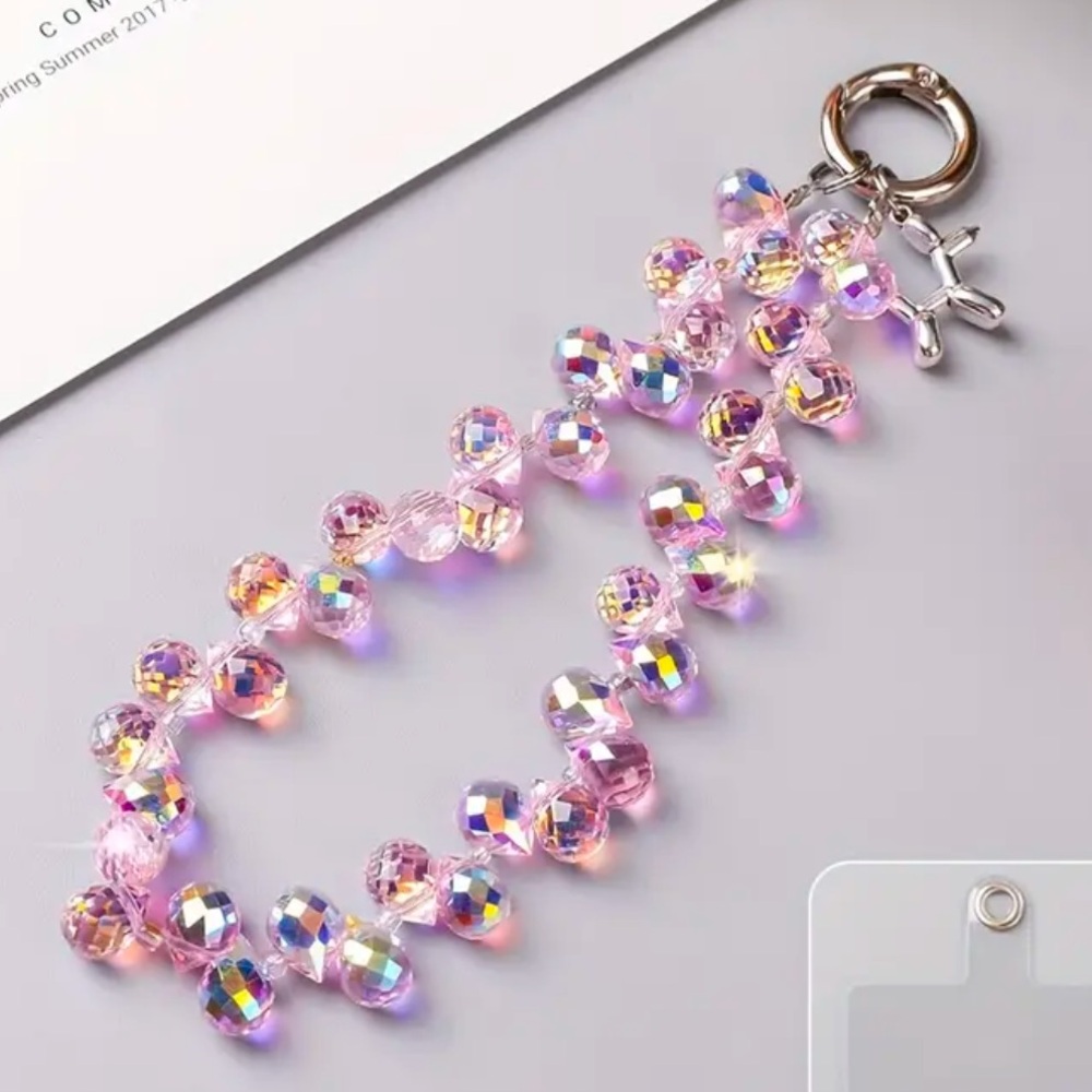 🩷Sparkly Bling Crystal Glass Bead Wristlet Keychain Phone / Bag Chain Charm PINK
